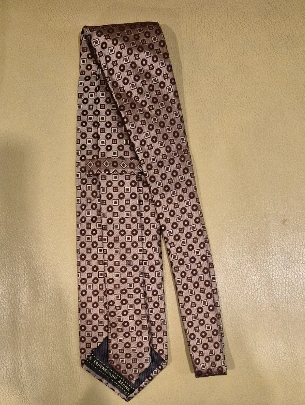 Ermenegildo Zegna Silk Brown and Cream Geometric Tie Made In Italy